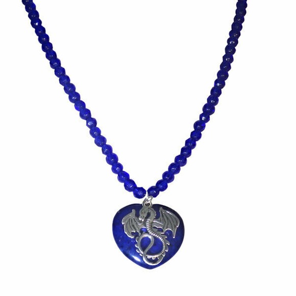 Dragon and Dark Blue Heart Stone Beaded Necklace 1461 - Picture 2 of 6